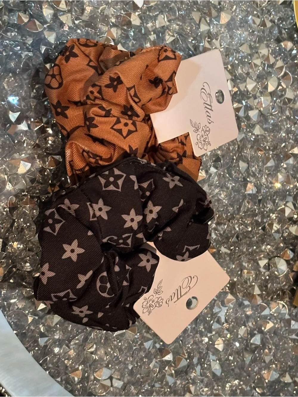 NWT Set of 2 Luxury Inspired Monogram Scrunchies | Black & Brown Hair Ties